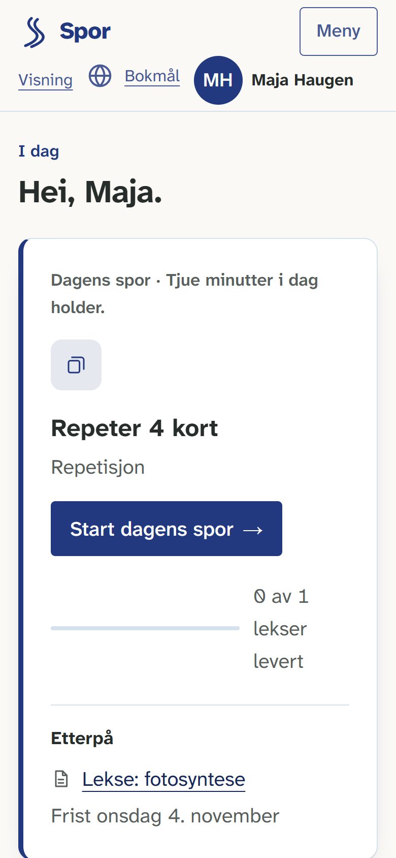 Elevens side på mobil: Hei, Maja. Dagens spor er å repetere fire kort.