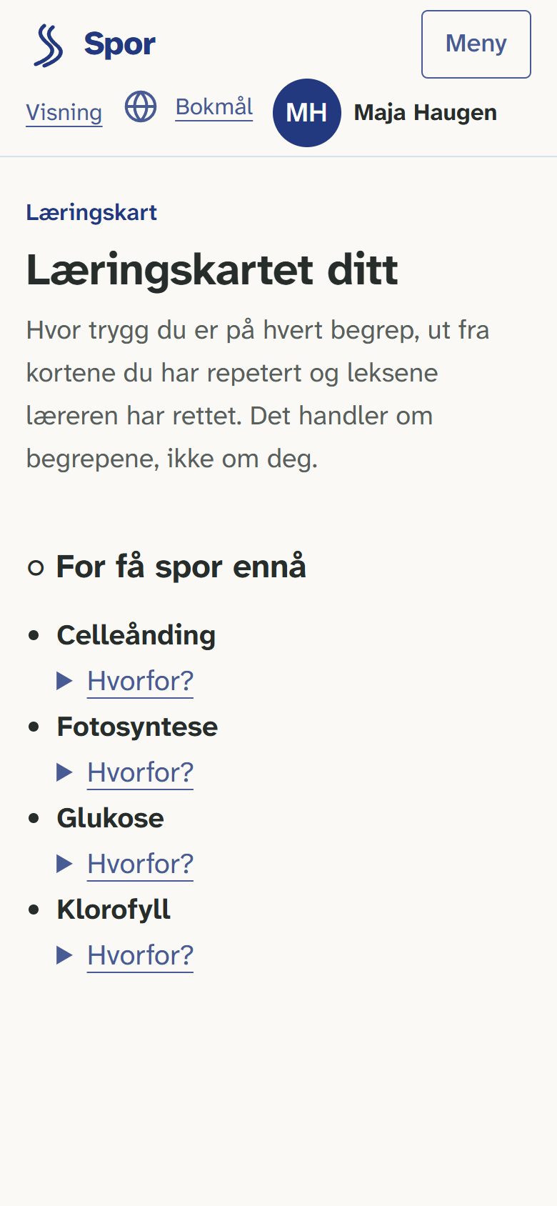 Elevens læringskart over begrepene i faget.
