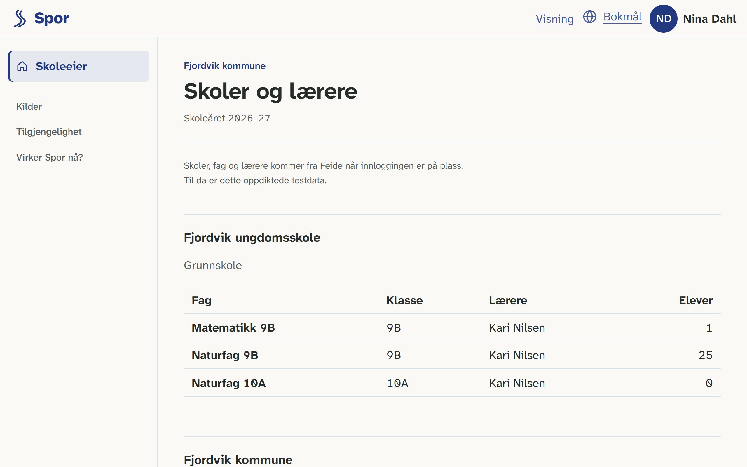 Skoleeierens side i Spor: skoler, fag, lærere og elevtall, og knapper for å laste ned data og bestille sletting.